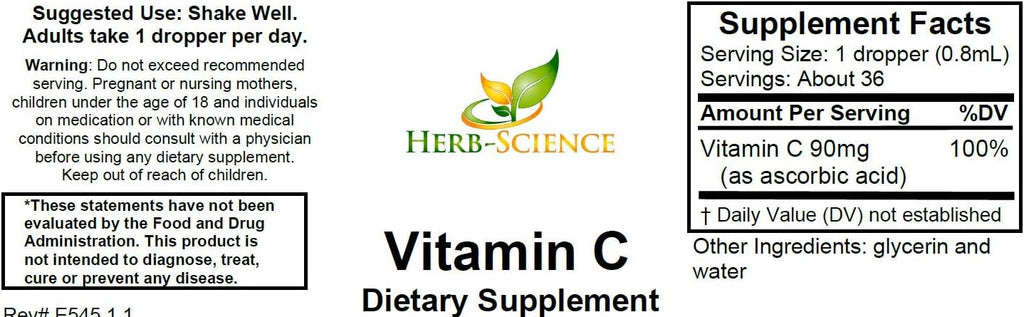 Herb-Science Vitamina C Líquida – Ácido Ascórbico Prensado en Frío, Gotas Sublinguales, Vegano, Sin Alcohol