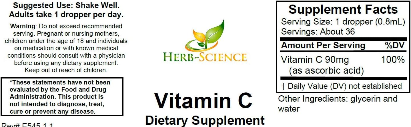 Herb-Science Vitamina C Líquida – Ácido Ascórbico Prensado en Frío, Gotas Sublinguales, Vegano, Sin Alcohol