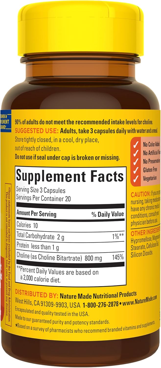 Nature Made Colina 800 mg, 60 Cápsulas - Suplemento de Colina de Alta Dosificación