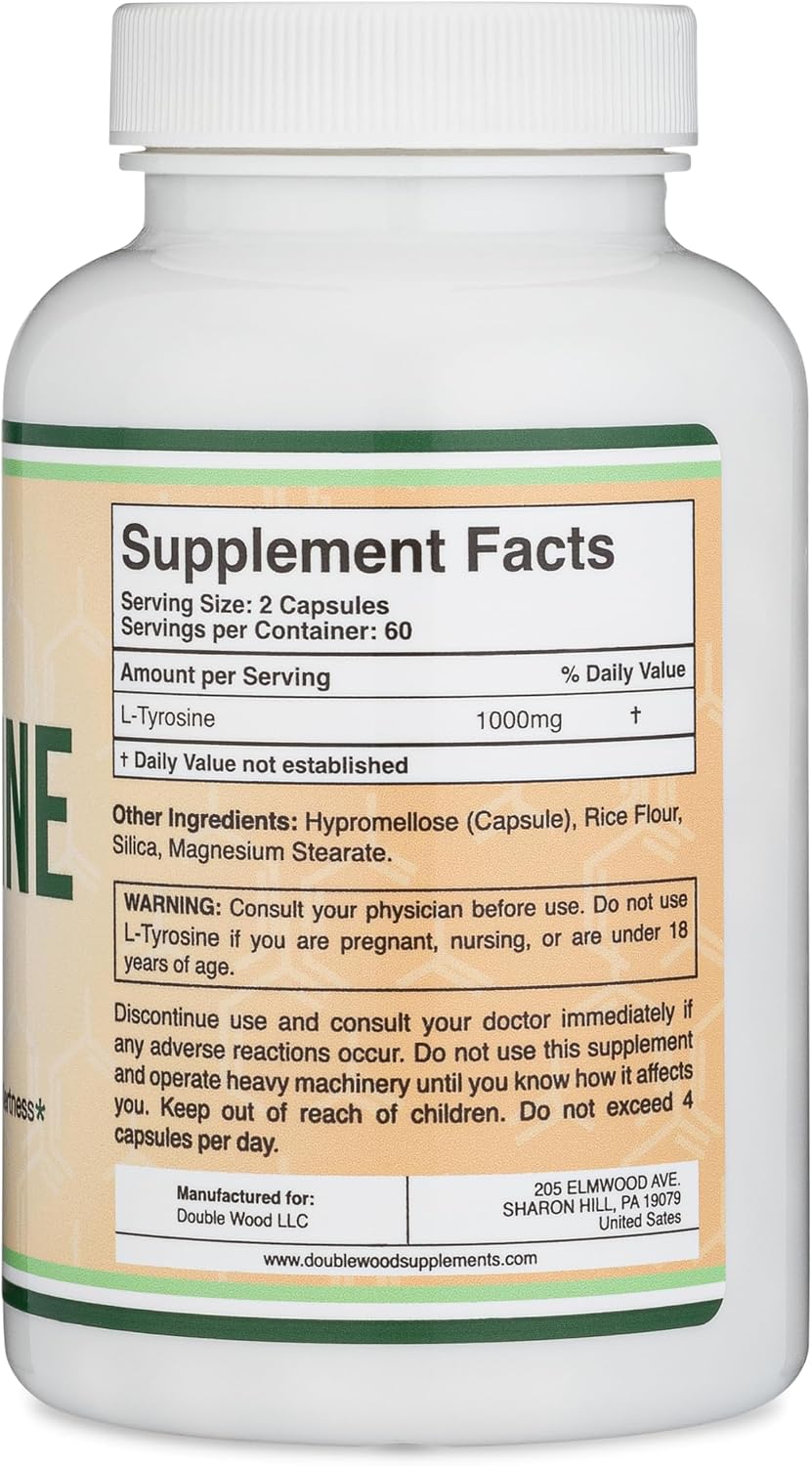 L-Tirosina 1.000 mg por dosis, 120 Cápsulas Vegetales (L-Tyrosine para Memoria, Atención y Enfoque) Aminoácido, Vegano, No-GMO por Double Wood