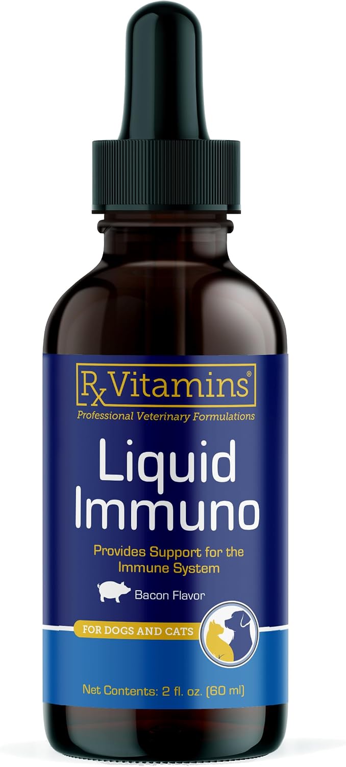 Rx Vitamins Liquid Immuno - Con L-Lisina para Perros y Gatos - Suplemento de Hongo Reishi - Vitaminas Oculares con Luteína - Sabor a Bacon (59 ml)