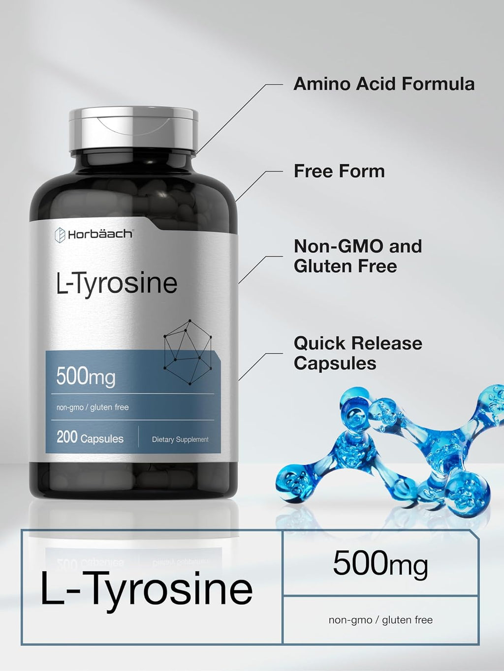 Horbaach L-Tirosina 500 mg | 200 Cápsulas | Suplemento de Aminoácido No OGM y Sin Gluten