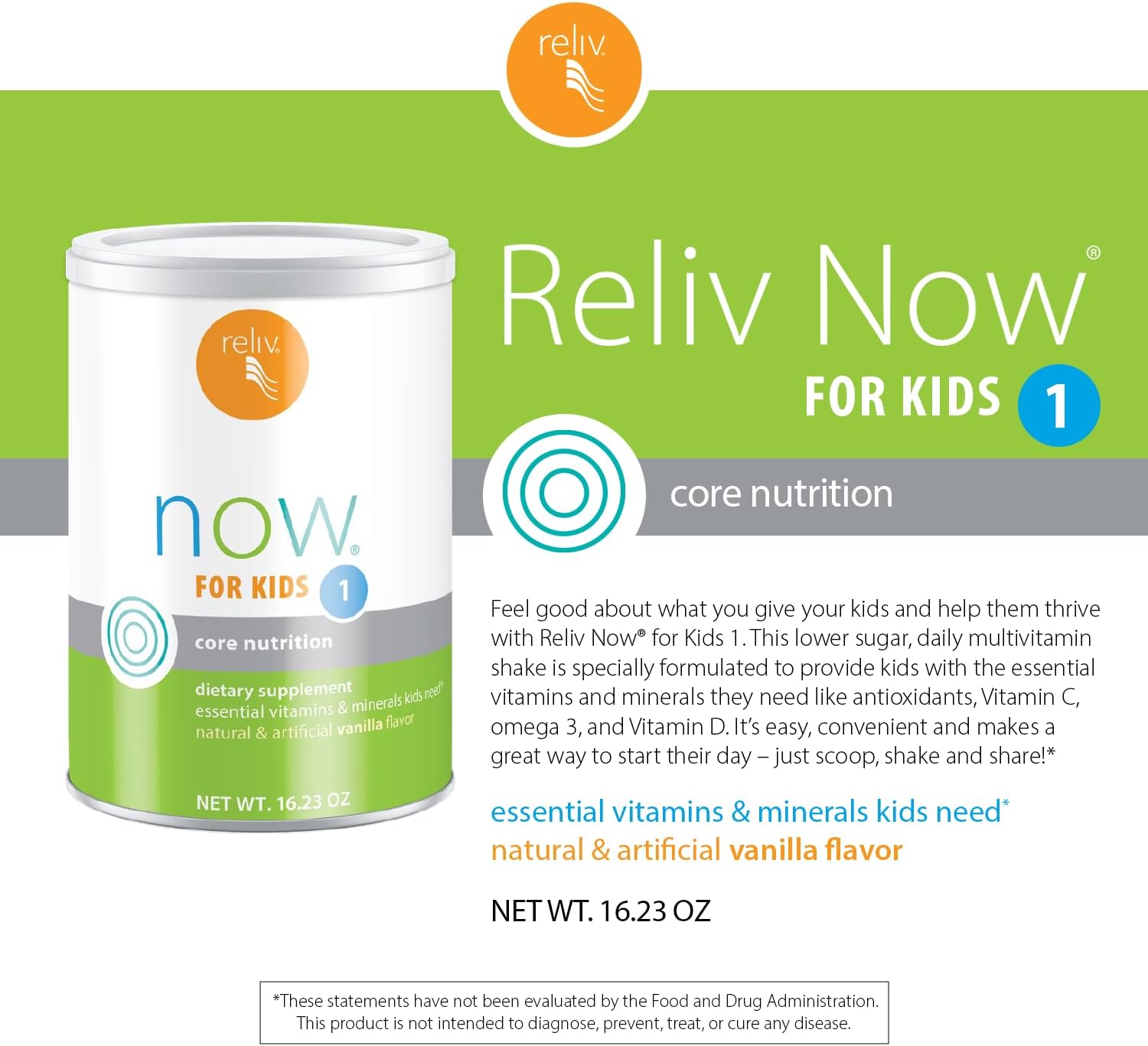 RELIV Now for Kids 1 Vainilla - Batido Nutricional Bajo en Azúcar con Vitaminas, Minerales y Proteína Vegetal para el Crecimiento y Desarrollo, 30 porciones
