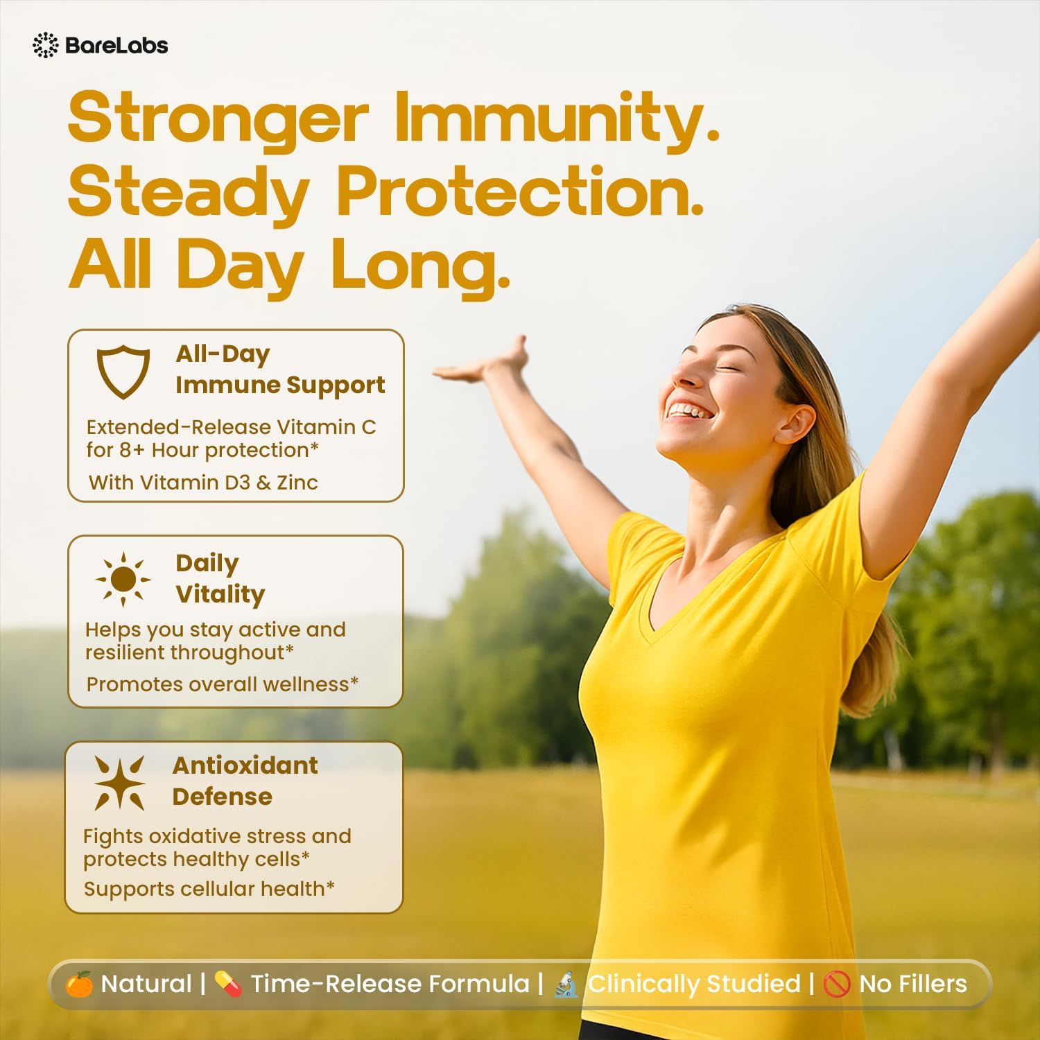 BareLabs Super C – Vitamina C 1000 mg + Vitamina D3 1000 UI + Zinc 30 mg, 120 Comprimidos de Liberación Prolongada