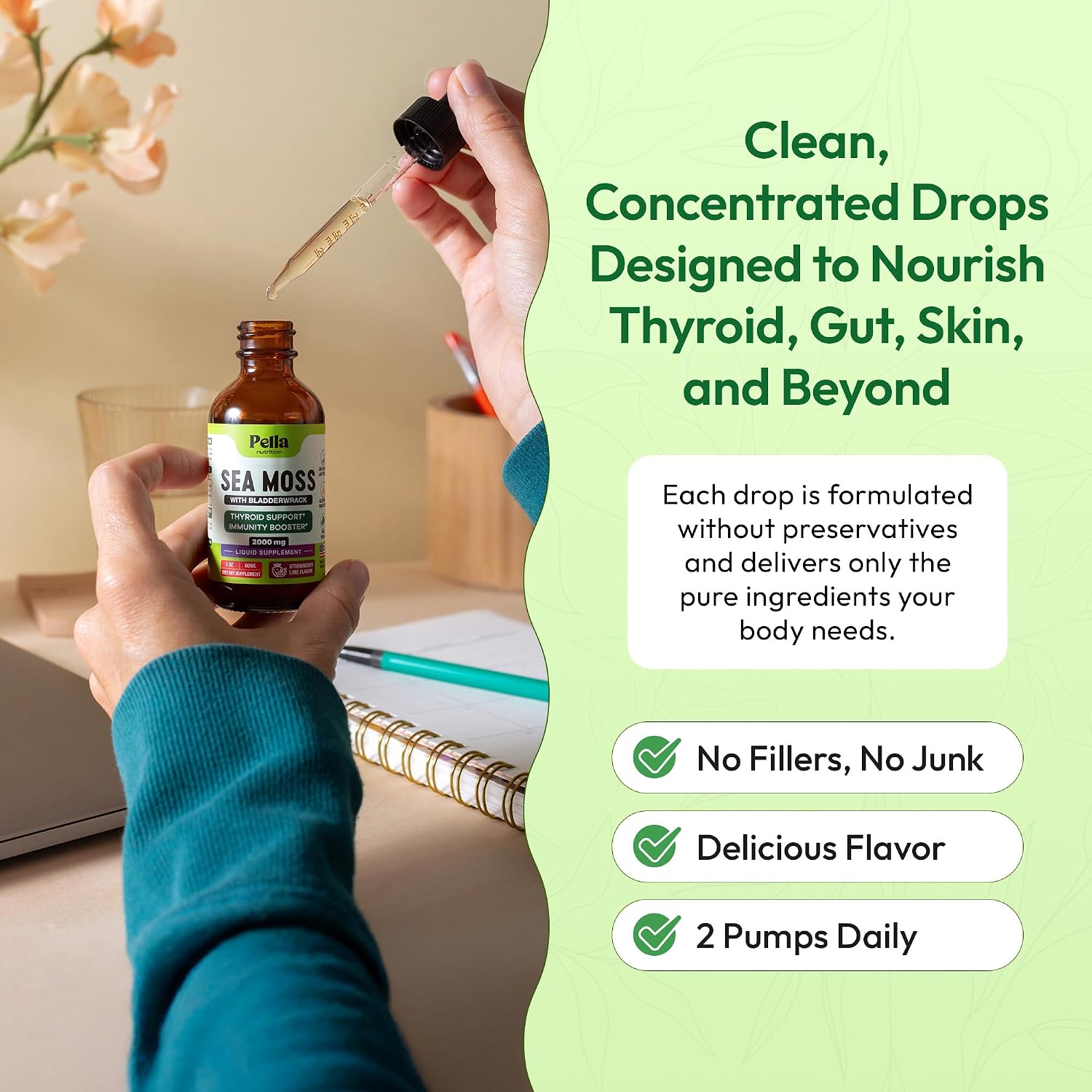 Pella Nutrition Sea Moss Drops con Bladderwrack – Gotas de Musgo Marino Irlandés de Absorción Rápida (Sabor Fresa y Lima, 60 ml)
