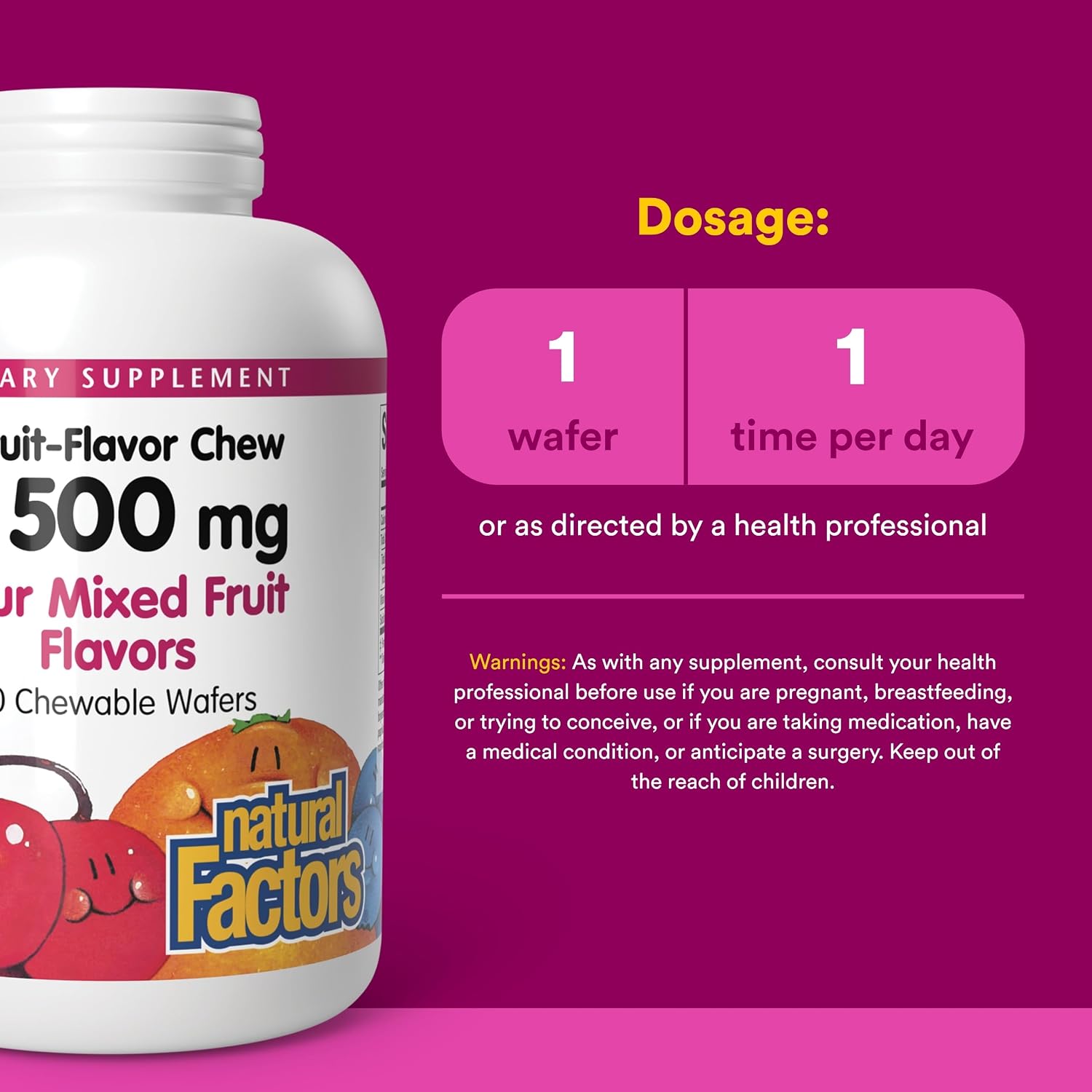 Natural Factors – Vitamina C 500 mg Masticable – Sabor Frutas – 180 Comprimidos