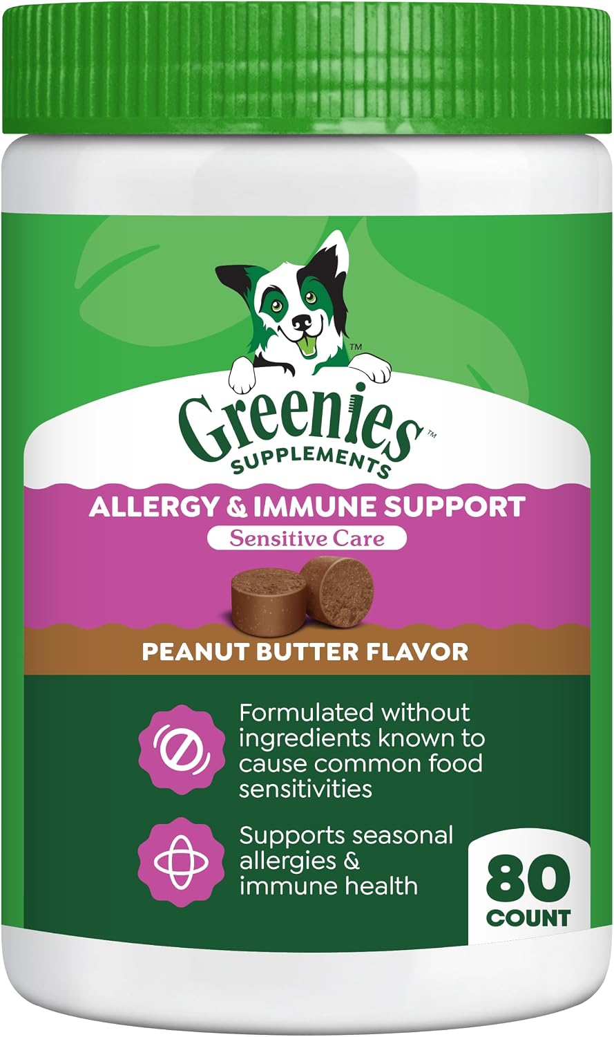 Greenies Supplements Sensitive Care Allergy & Immune Support - Snacks blandos para perros - Fórmula sin pollo - Sabor a mantequilla de cacahuete - Bolsa de 220 g (40 unidades)