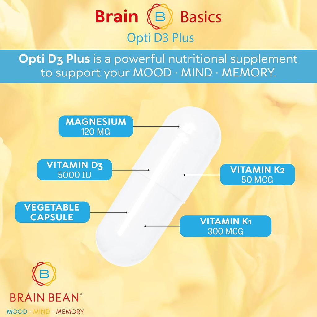 Brain Basic Opti D3 Plus - Vitamina D3 5000 UI con K1, K2 y Magnesio - Apoyo para Huesos, Músculos e Inmunidad