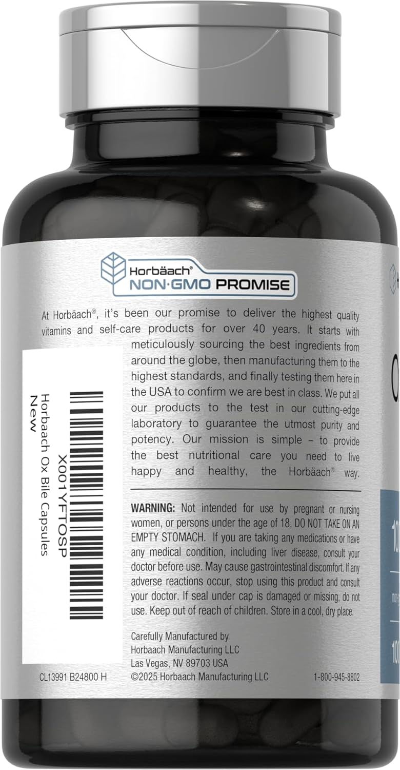 Horbäach Suplemento de Bilis de Buey | 1000mg | 100 Cápsulas | Digestivo Enzimático | No-GMO y Sin Gluten