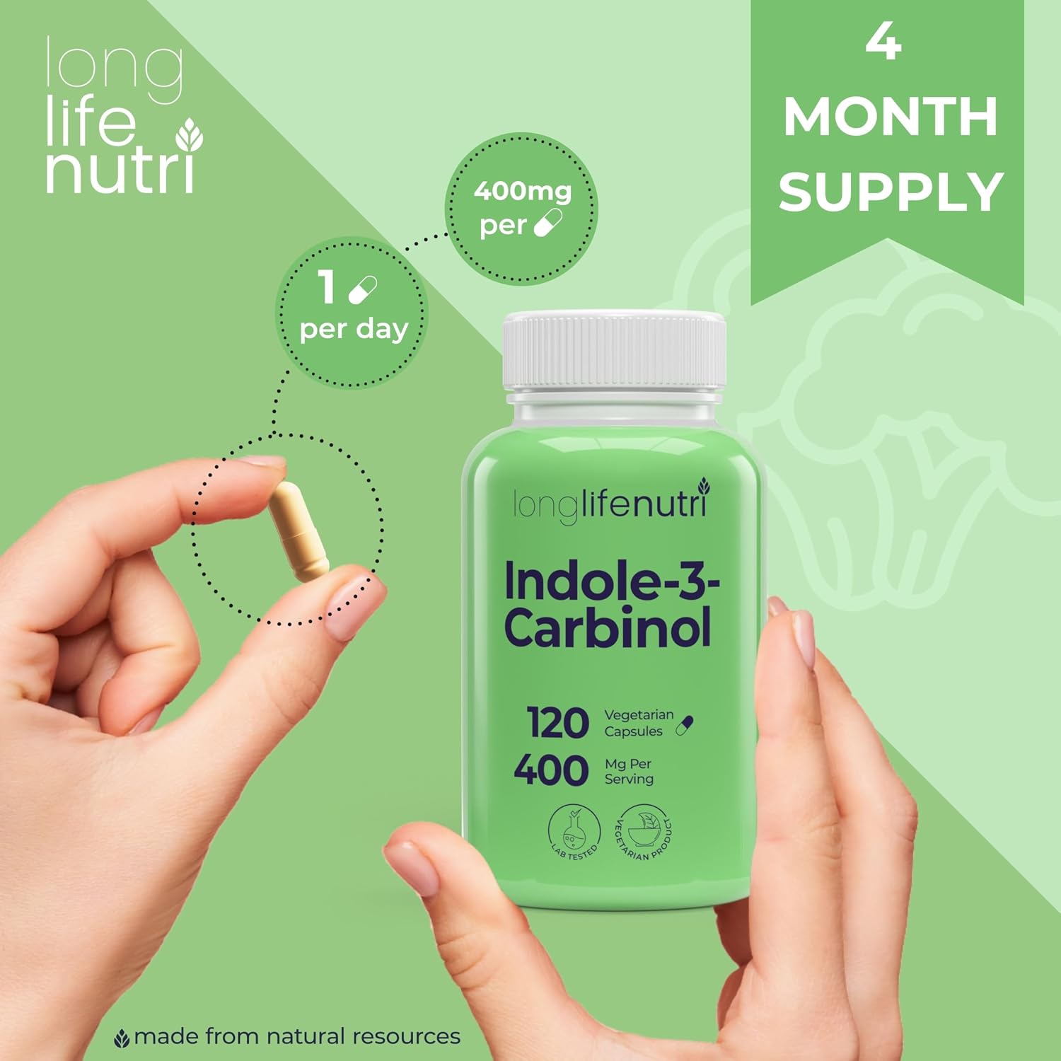LongLifeNutri Indole-3-Carbinol 400mg – 120 Cápsulas Vegetales (4 Meses de Suministro)