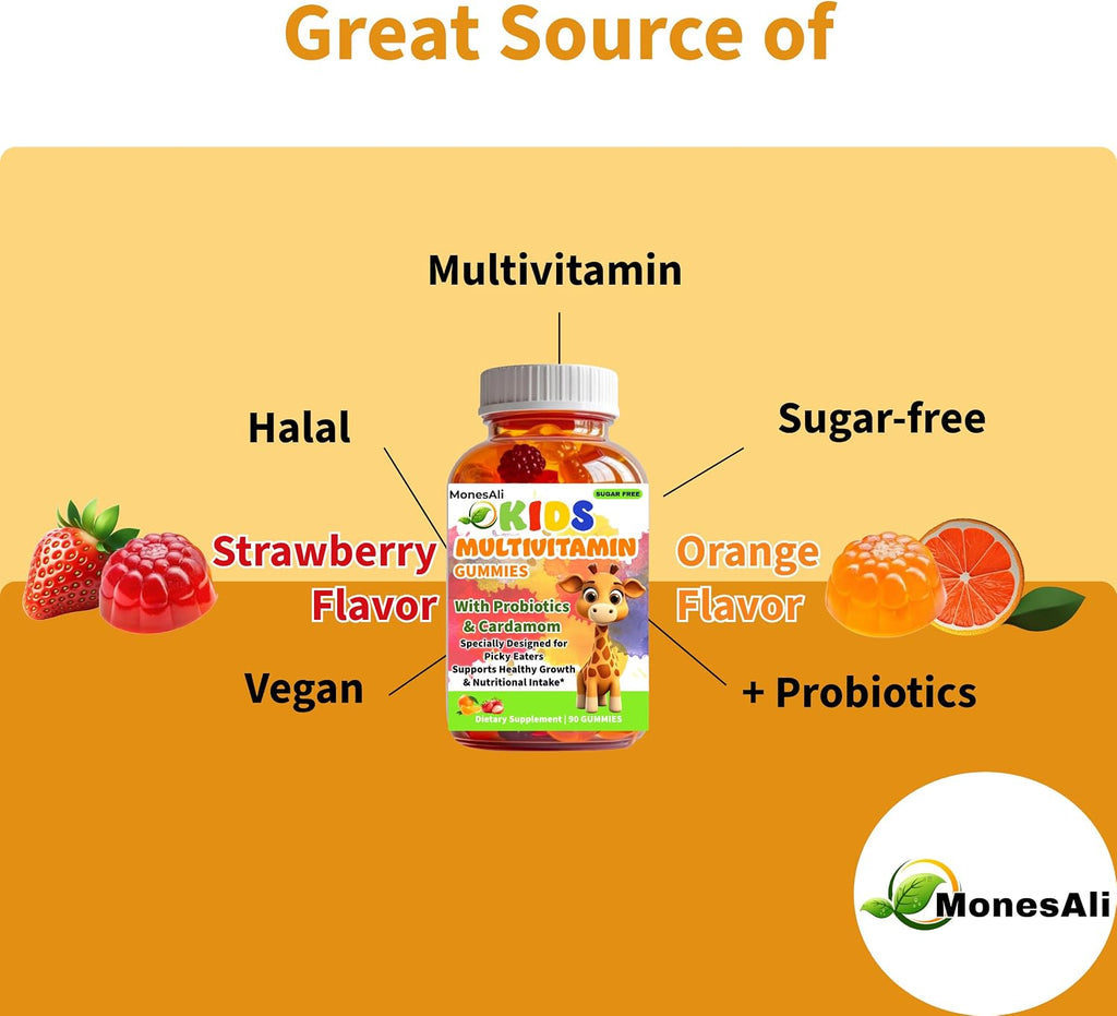Kids Multivitamin Gummies con Magnesio y Probióticos - Vegano, Sin Gelatina, Halal, Sabores Naranja y Fresa, 90 Unidades