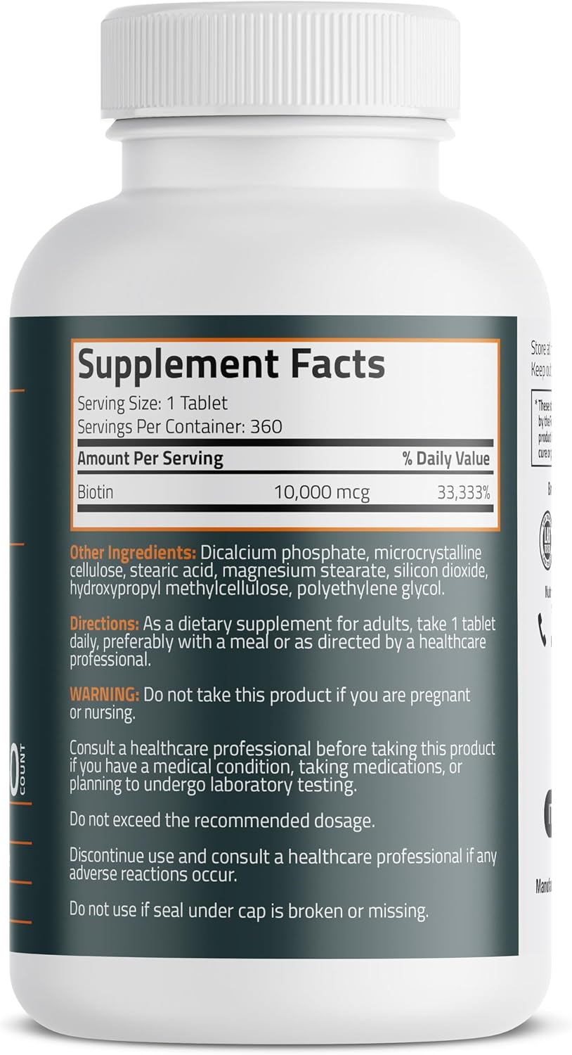 Bronson Biotina 10.000 mcg | 360 Comprimidos | Para el Mantenimiento del Cabello, Piel y Uñas | Vegetariano, No-GMO