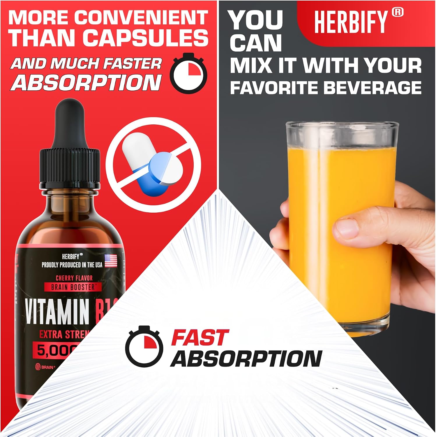 HERBIFY Vitamina B12 Metilada 5000 mcg - Gotas Líquidas de Metilcobalamina - Complejo B - Energía y Sistema Inmunitario - 30 Días - 60 ml