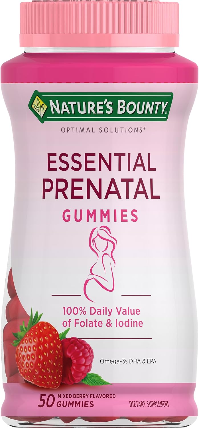Nature's Bounty Optimal Solutions Essential Prenatal Gummies - 50 Gominolas con Ácido Fólico, Yodo, Omega 3 y DHA