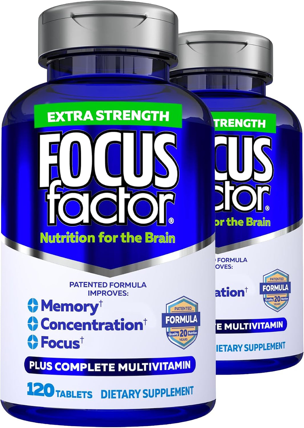 Focus Factor Adults Extra Strength, 120 Comprimidos - Suplemento para la Memoria, Concentración y Enfoque - Multivitamínico Completo con DMAE, Vitamina D, DHA