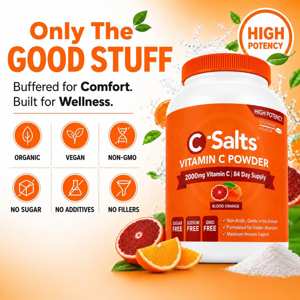 C-Salts Vitamina C en Polvo Tamponada - Sabor Naranja Sangre, 26 oz (735 g) - 272 Servicios