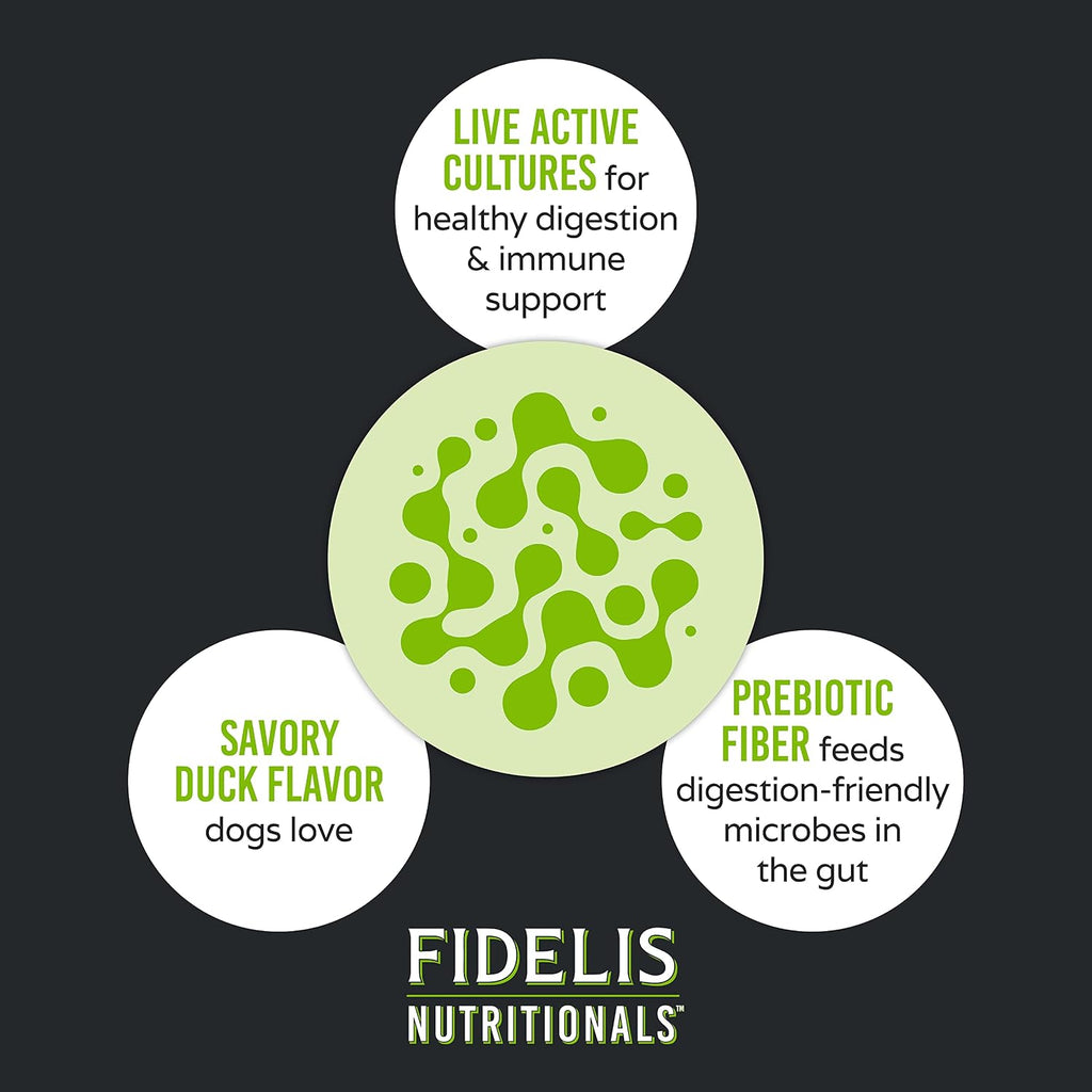 FIDELIS Probiotic Plus+ Probióticos para Perros, Salud Digestiva, 120 Masticables Sabor Pato