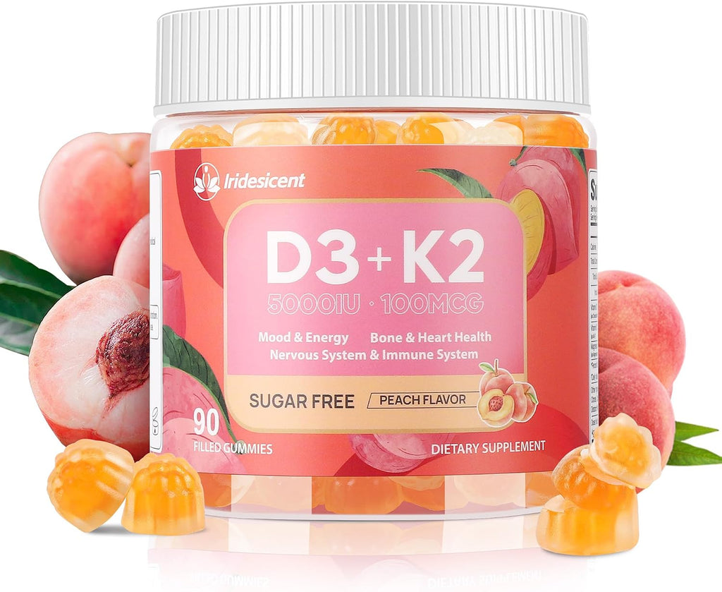 IRIDESICENT Gominolas de Vitamina D3 y K2 Sin Azúcar - 90 uds | 5000 UI D3 + 100 mcg K2 (MK-7) | Vegano, Sabor Lychee