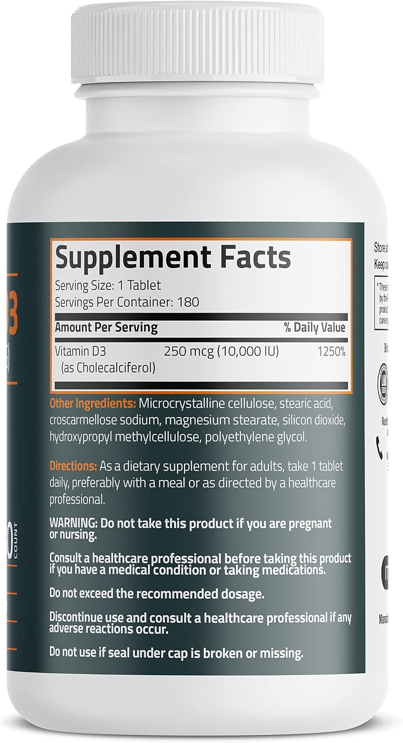 Bronson Vitamina D3 10.000 UI (250 mcg) - 180 Comprimidos para el Mantenimiento de la Función Muscular y el Sistema Inmunitario