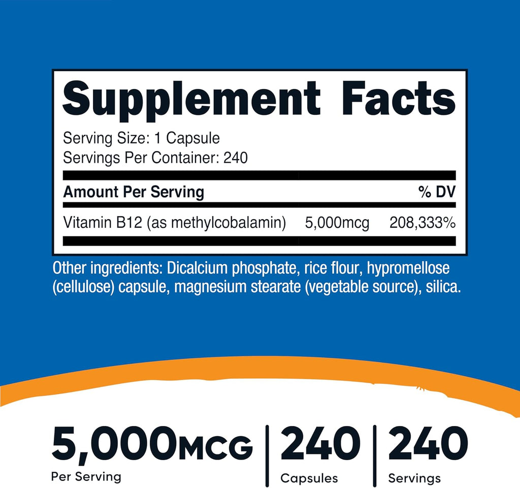 Vitamina B12 (Metilcobalamina) 5000mcg, 240 Cápsulas - Nutricost