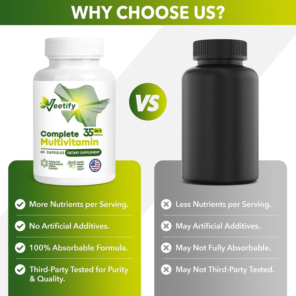 Veetify Multivitamínico Completo 35 en 1 – Vitaminas y Minerales de Alta Potencia con Antioxidantes, Magnesio, Zinc y Fórmula Detox de Té Verde – 60 Cápsulas Veganas