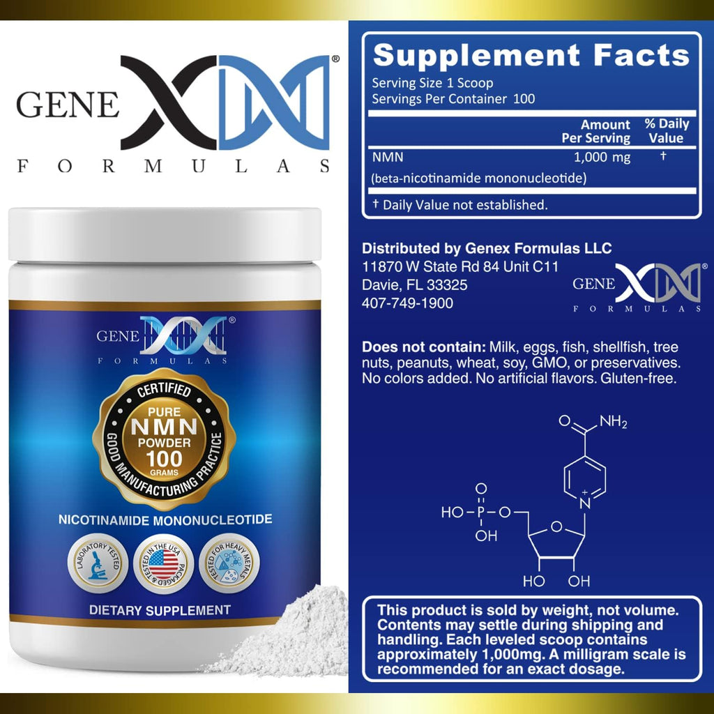 Genex Formulas - NMN Puro en Polvo 100g - Disolución Instantánea