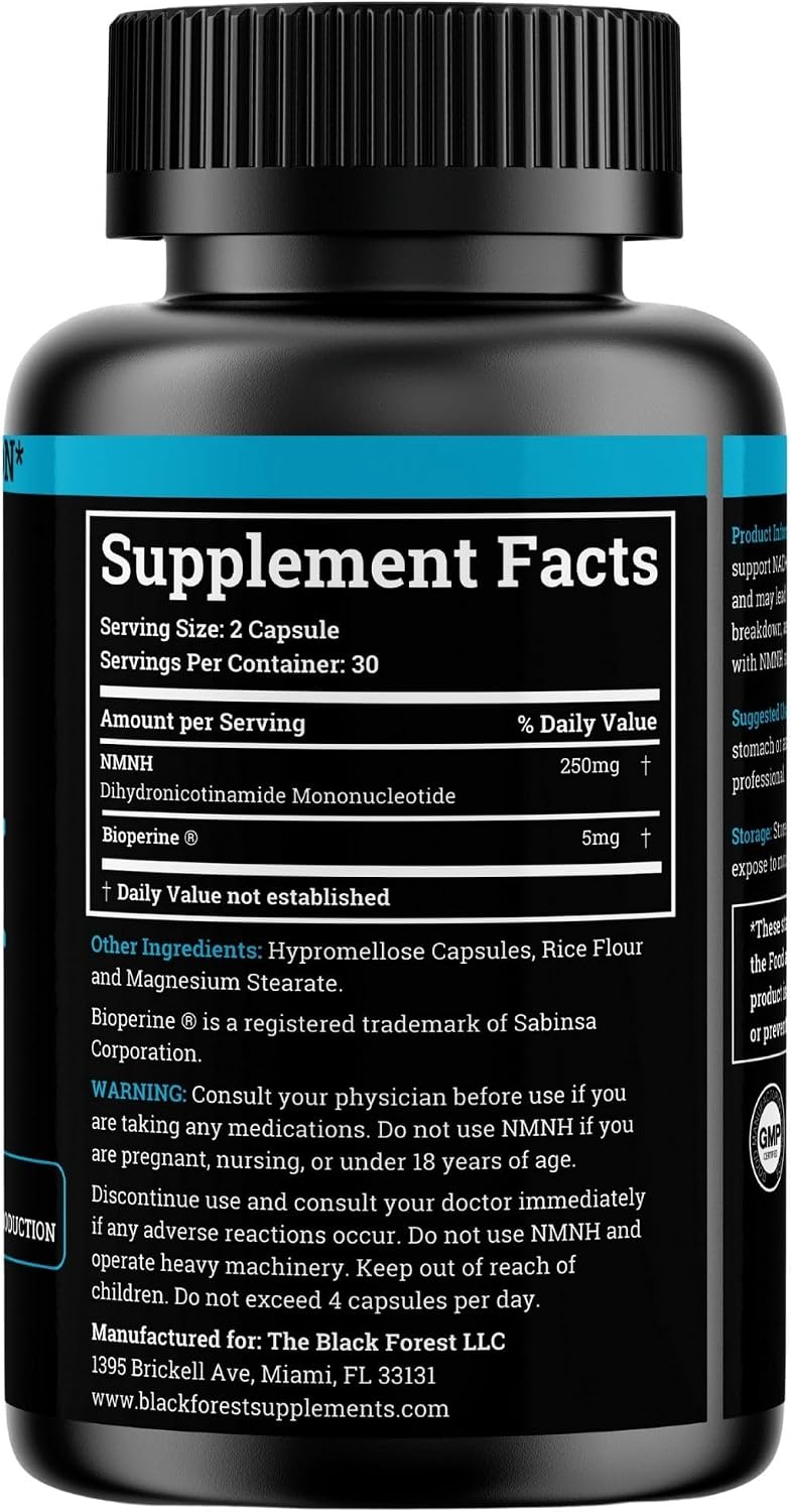 NMNH Supplement 250mg - DiHidro-Nicotinamida Mononucleótido Puro con Bioperine® (Alternativa NMN para Aumentar NAD+)