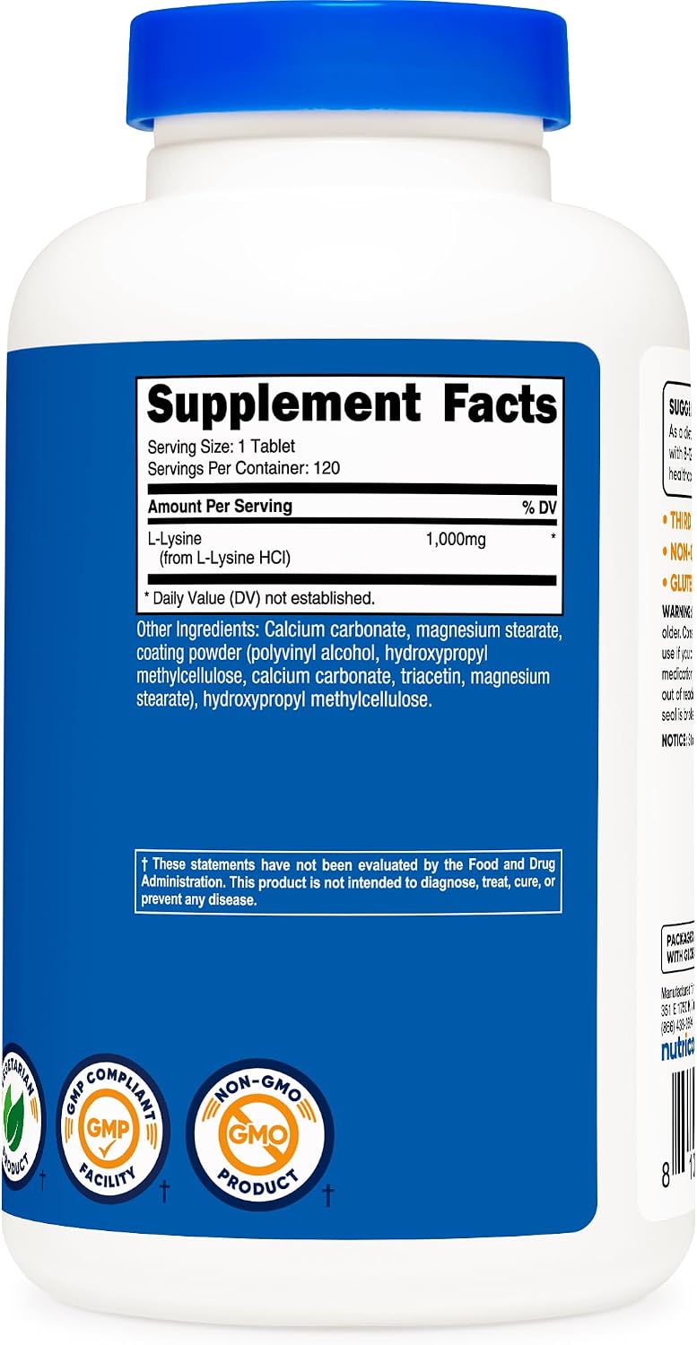Nutricost L-Lisina 1000mg, 120 Comprimidos - Sin Gluten, No GMO, Apto para Vegetarianos