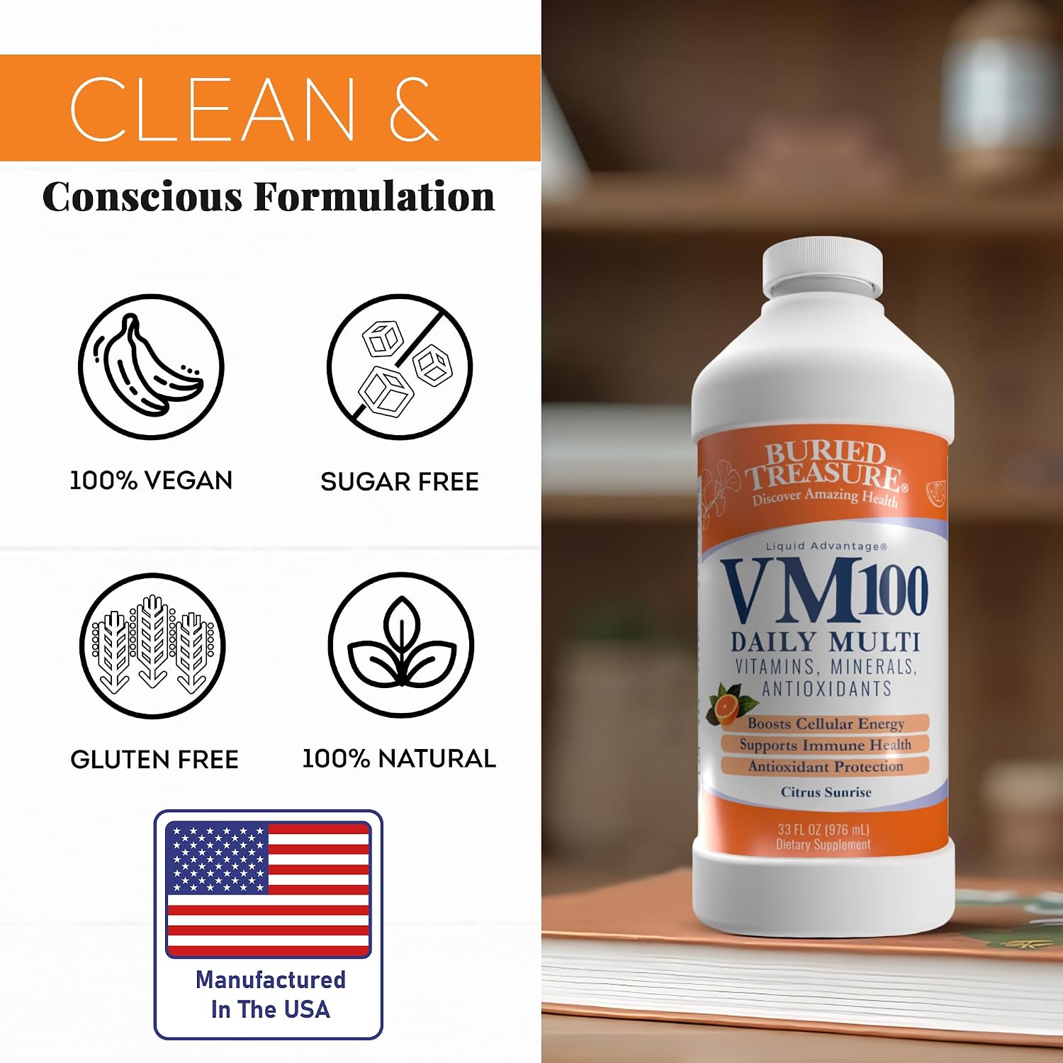Buried Treasure VM100 Complejo Líquido Diario de Vitaminas y Minerales con Antioxidantes, Vegano, Sin Azúcar, Sabor Naranja, 32 Raciones, 946 ml