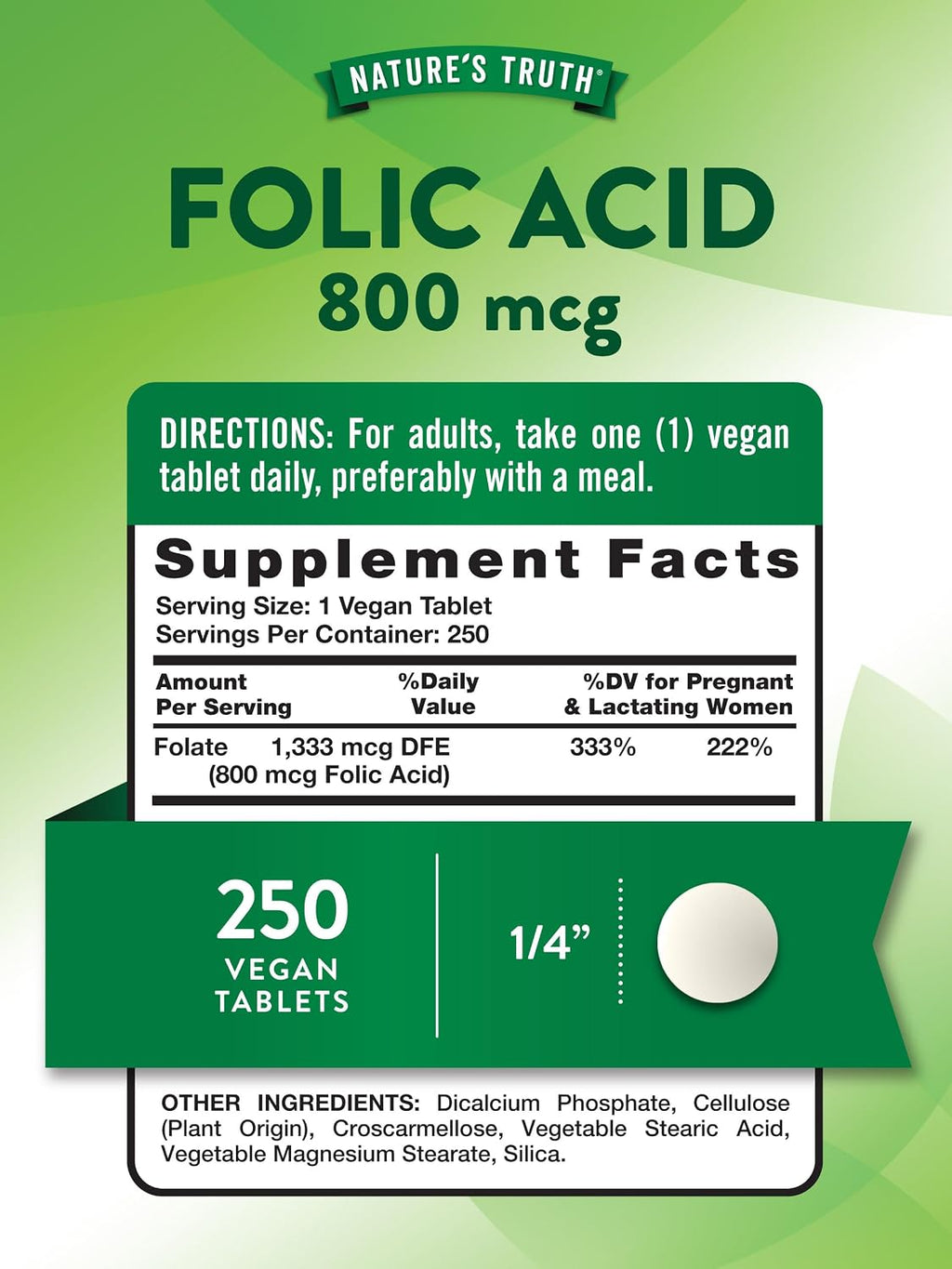 Nature's Truth Folic Acid 800 mcg | 250 Tablets | Vegan, Gluten Free