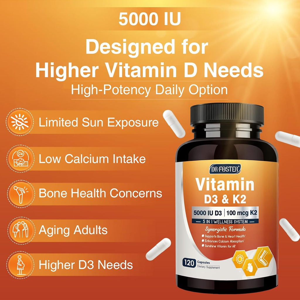 DRFOSTER Vitamin D3 & K2, High-Potency 125mcg D3 & 100mcg K2 (MK7), Advanced Bone & Heart Support Formula with Vitamin E, Folic Acid & Methyl B12, 120 Capsules