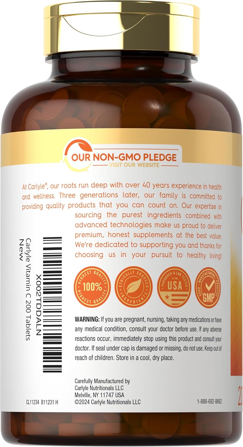 Carlyle Vitamina C 500mg con Escaramujo | 200 Comprimidos | Fórmula de Alta Potencia | Vegetariano, No-GMO, Sin Gluten