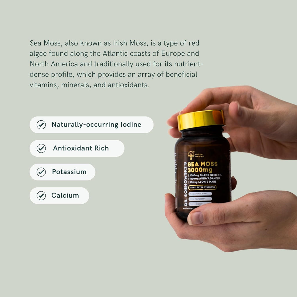 Dr Sosnowski's BioActive Sea Moss | Fórmula 8-en-1 con Musgo Marino, Semilla Negra, Ashwagandha, Cúrcuma, Miel de Manuka, Melena de León, Jalea Real y Propóleo de Abeja | 60 Cápsulas