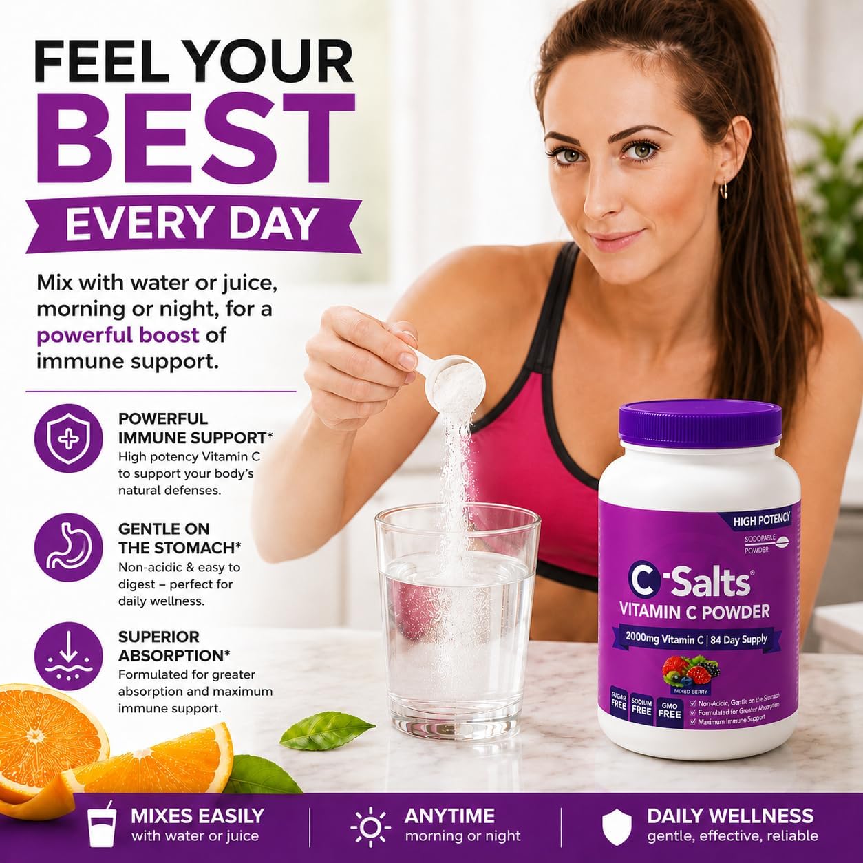 C-Salts Vitamina C en Polvo Tamponada - Orgánica, Suave para el Estómago - 4000mg por Ración - Sabor Frutos del Bosque - 735g (26oz) - 272 Porciones - Vegano, Sin Gluten, Sin Azúcar