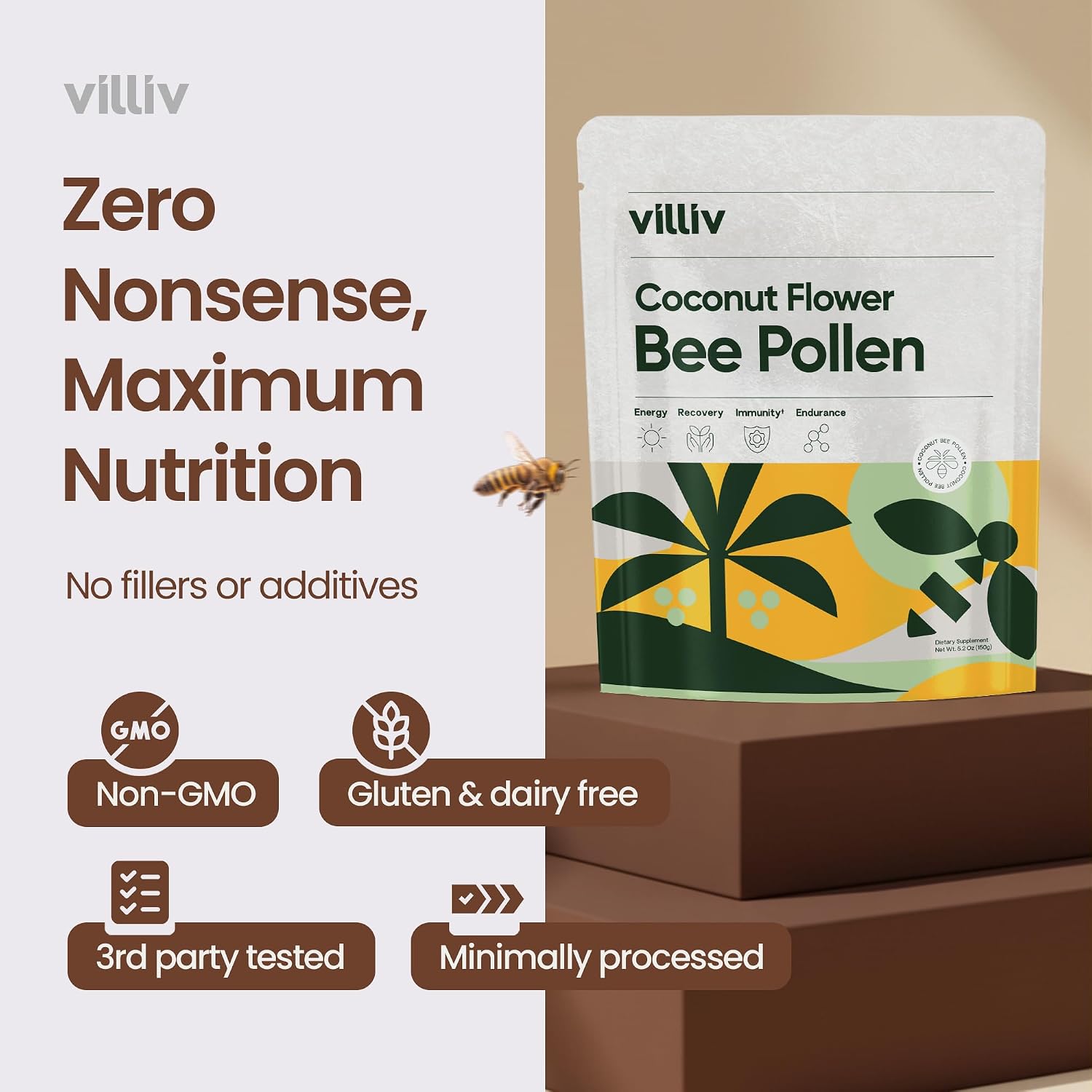 Granulos de Polen de Abeja de Flores de Coco - Superalimento Antioxidante, Aminoácidos, Proteínas - Multivitamínico Natural - No GMO, Paleo y Keto - 147g