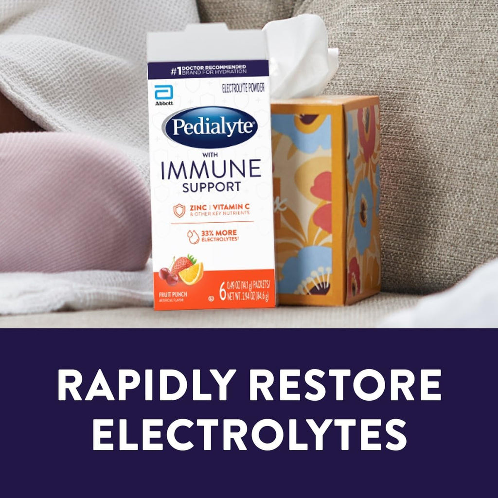 Pedialyte con Apoyo Inmunológico, Polvo de Electrolitos con Vitamina C y Zinc, Hidratación Avanzada, Sabor Punch de Frutas, 24 Sobres