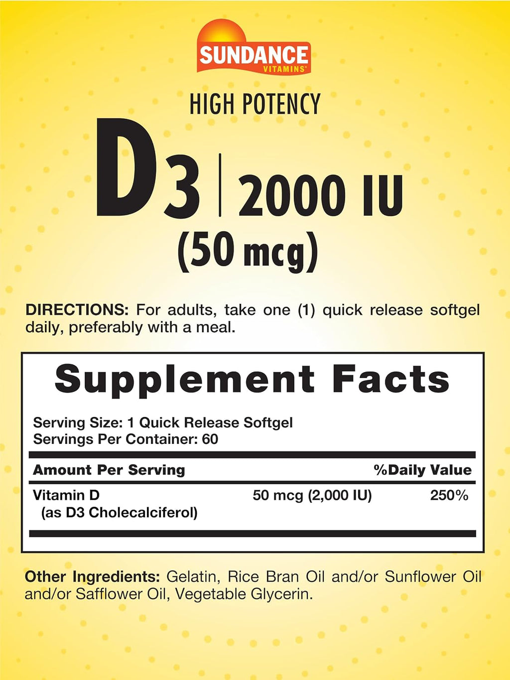 Sundance Vitamina D3 2000 UI | 60 Cápsulas Blandas de Liberación Rápida | Alta Potencia | Suplemento Sin OMG y Sin Gluten