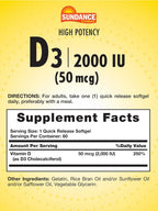 Sundance Vitamina D3 2000 UI | 60 Cápsulas Blandas de Liberación Rápida | Alta Potencia | Suplemento Sin OMG y Sin Gluten