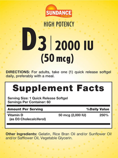 Sundance Vitamina D3 2000 UI | 60 Cápsulas – Mantenimiento de los niveles normales de calcio en sangre: Esencial – Image 2