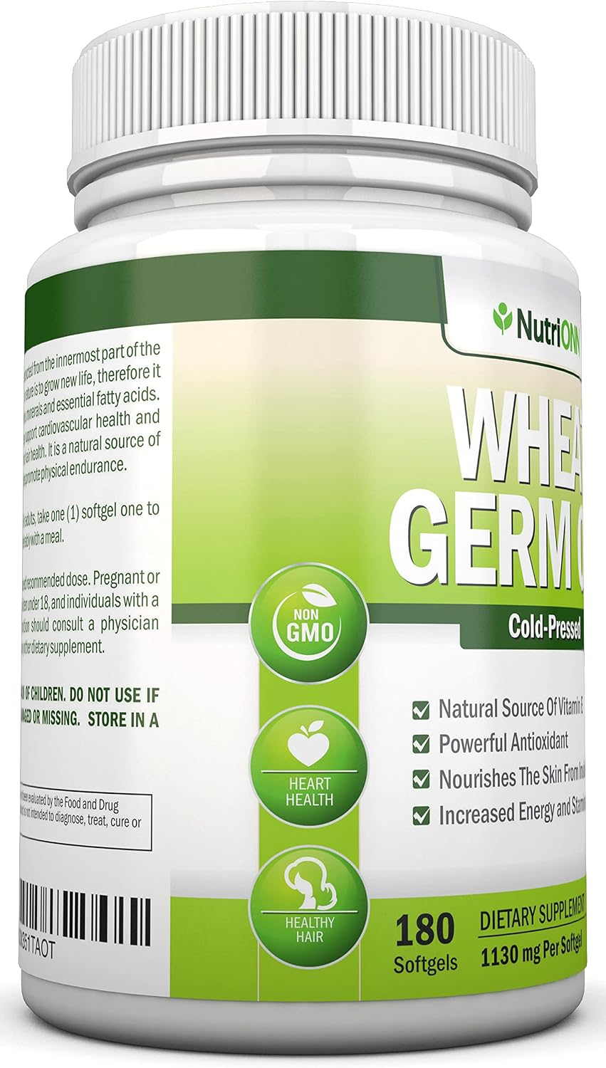 Aceite de Germen de Trigo – 1130mg – 180 Cápsulas Blandas – Prensado en Frío – Fuente Natural de Vitamina E