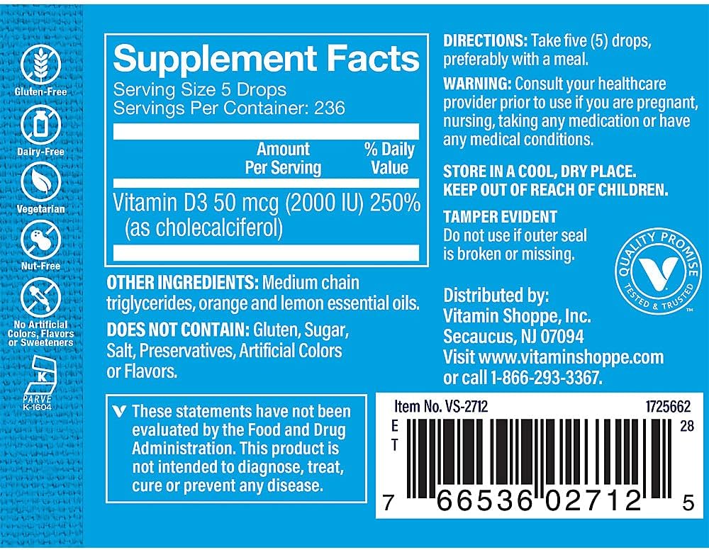 The Vitamin Shoppe Vitamina D3 Líquida 2000 UI