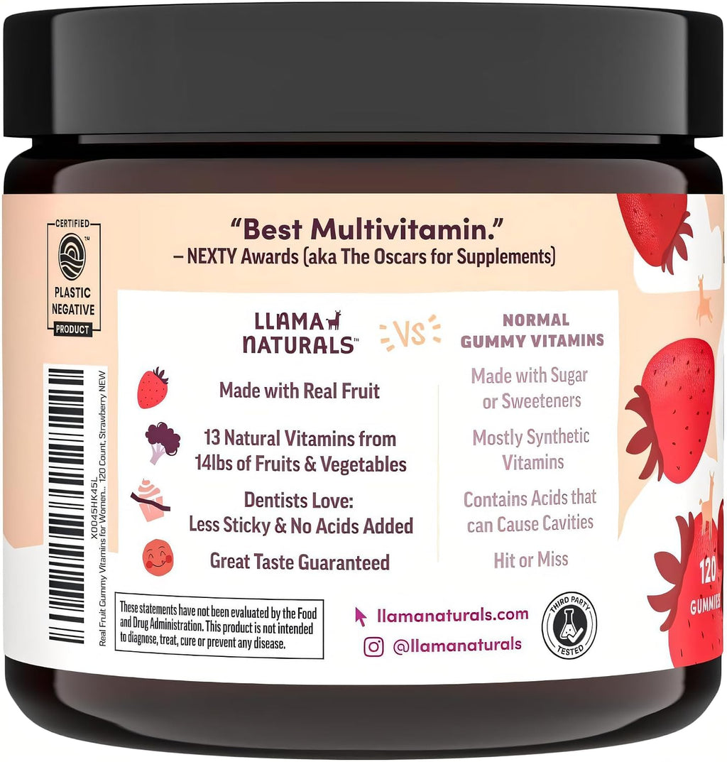Llama Naturals Multivitamínico para Mujeres, Gominolas Veganas y Orgánicas con Vitaminas D, C y K, Gominolas de Fruta Real, Complemento Alimenticio, Sin Azúcar Añadido, Fresa, 120 Unidades