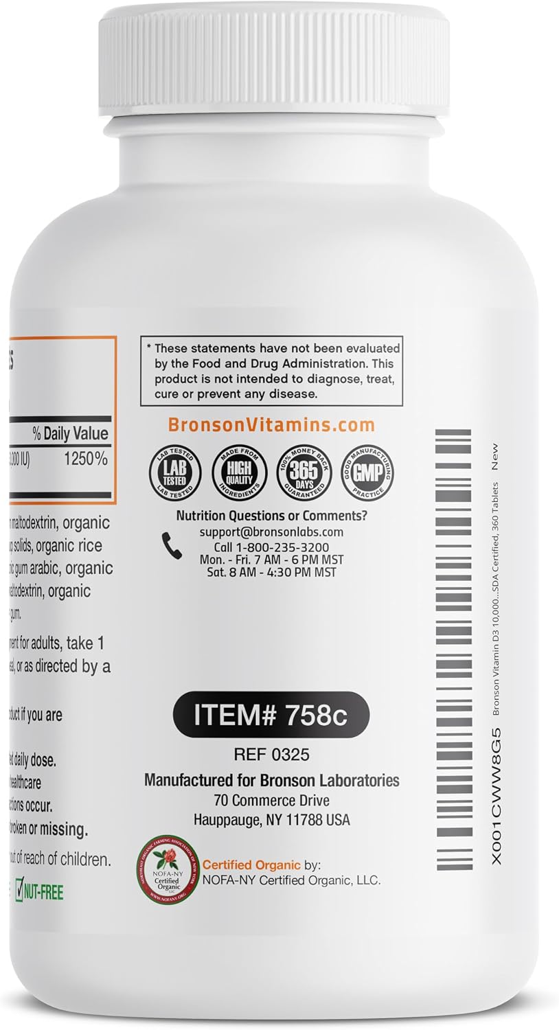 Bronson Vitamina D3 10.000 UI (250 mcg) Orgánica Certificada - 360 Comprimidos