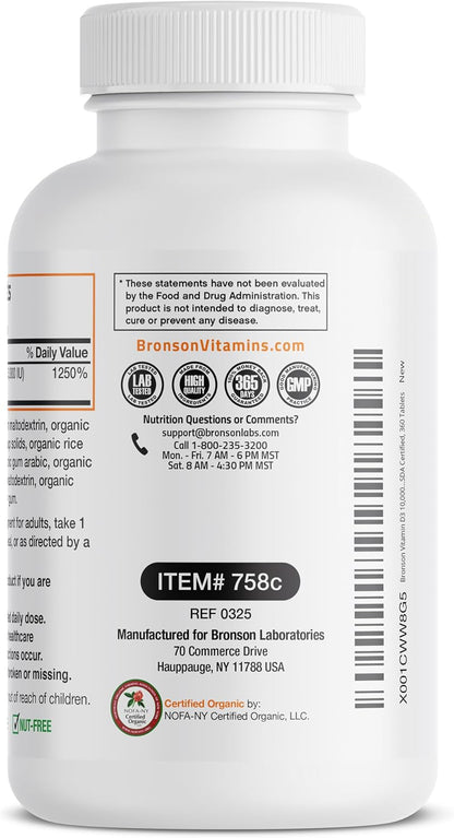 Bronson Vitamina D3 10.000 UI (250 mcg) Orgánica Certificada - 360 Comprimidos – Image 6
