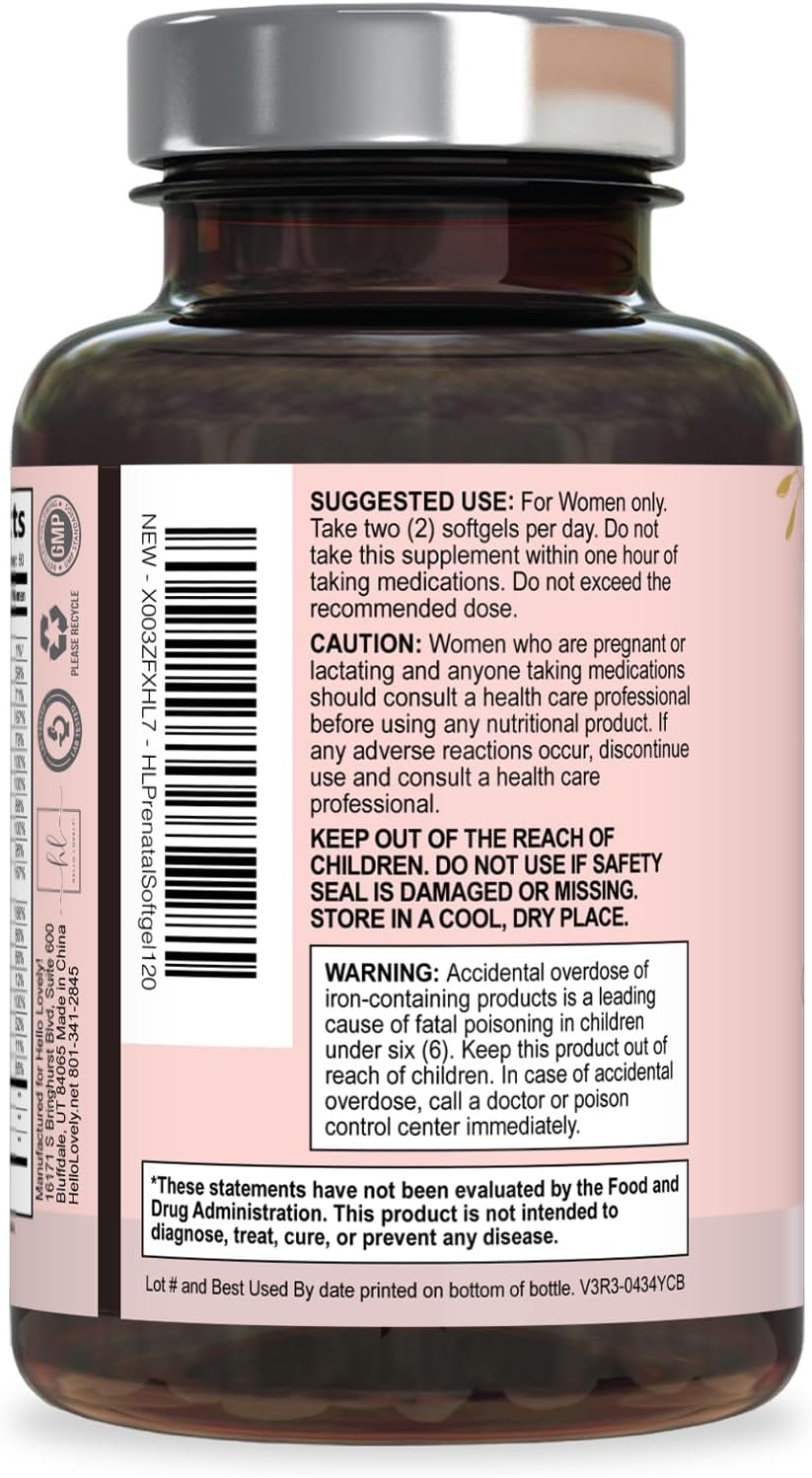 Hello Lovely! Vitaminas Prenatales con Ácido Fólico + Omega 3 DHA - 120 Cápsulas Blandas