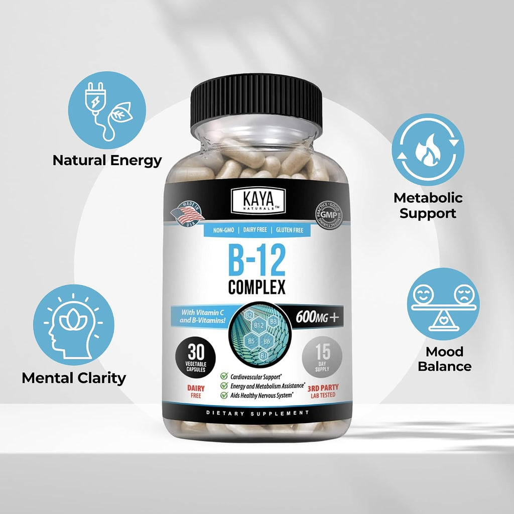 Kaya Naturals B-12 Complex | Complejo B con Biotina, Colina, Inositol, Folato y Vitamina C - 30 Cápsulas