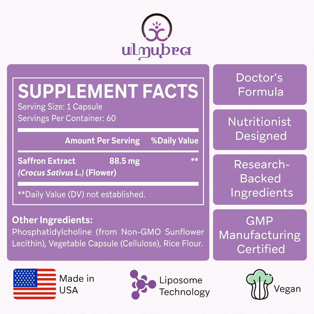 Suplemento de Azafrán Liposomal 88,5 mg, Máxima Absorción, Extracto Puro de Azafrán para el Estado de Ánimo, Energía, Visión y Concentración - 60 Cápsulas Veganas