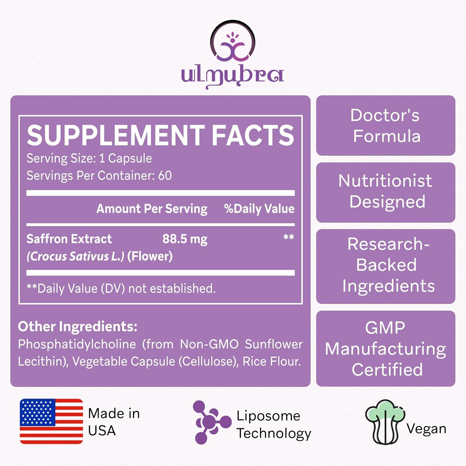 Suplemento de Azafrán Liposomal 88,5 mg, Máxima Absorción, Extracto Puro de Azafrán para el Estado de Ánimo, Energía, Visión y Concentración - 60 Cápsulas Veganas