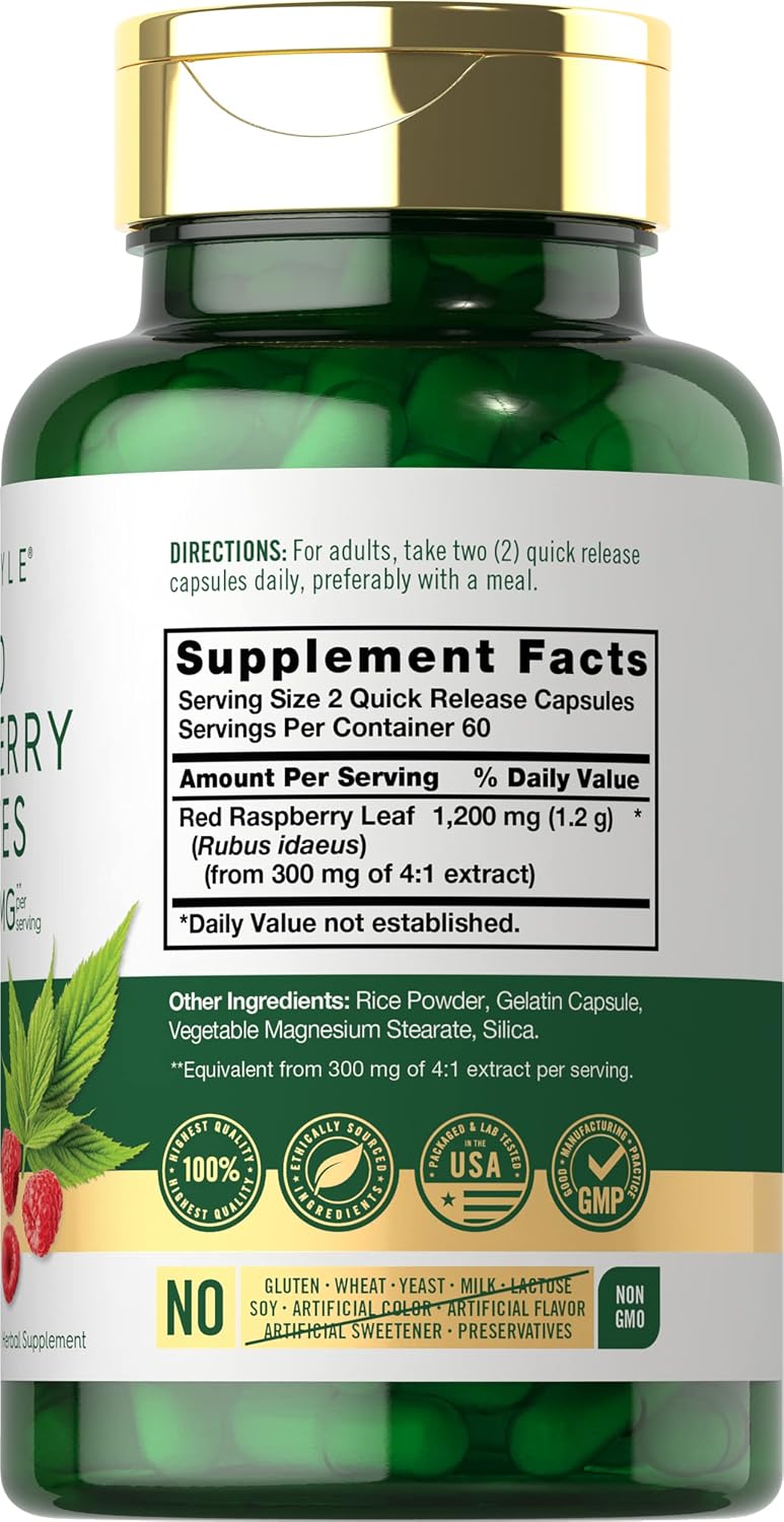 Carlyle Cápsulas de Hoja de Frambuesa Roja - 120 Cápsulas, Extracto Herbal Tradicional, Fórmula No-GMO y Sin Gluten