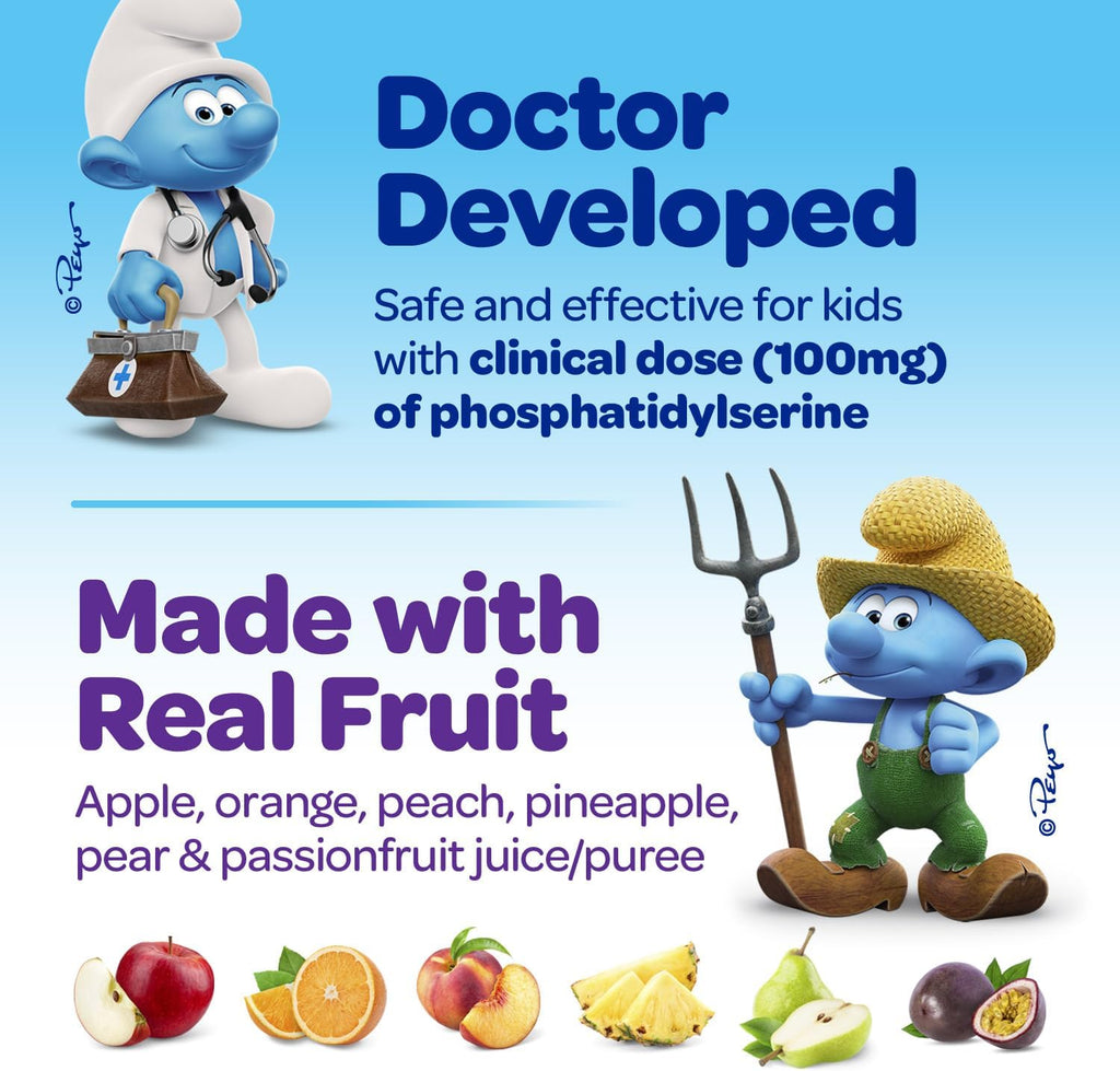 Smurfs Focus Gummies para Niños | Suplemento de Concentración con Fosfatidilserina | 30 Gominolas